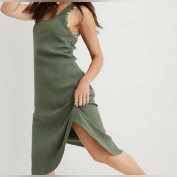 aerie Dresses & Skirts - Aerie Women’s Racerback Tank Dress Olive Ribbed Knit‎ Sleeveless size Small